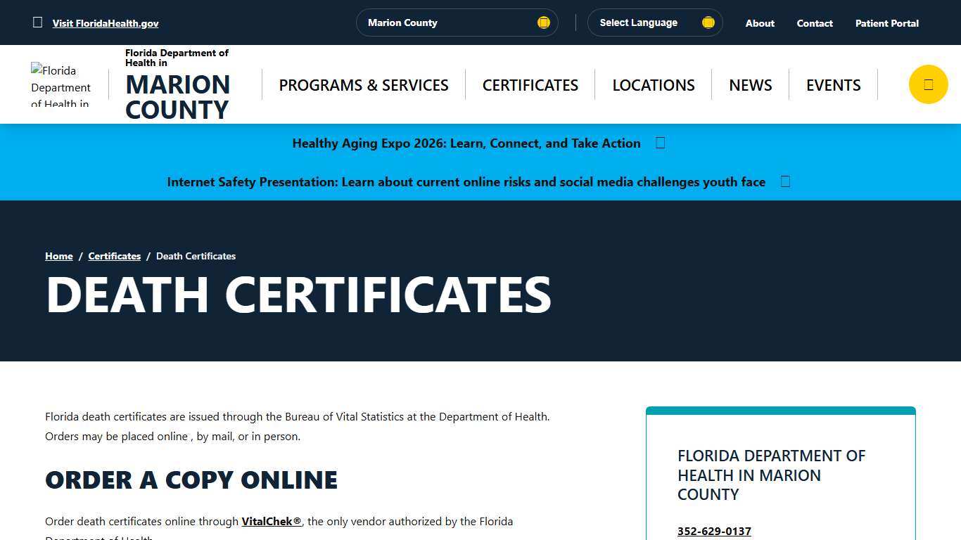 Death Certificates - Florida Department of Health in Marion County