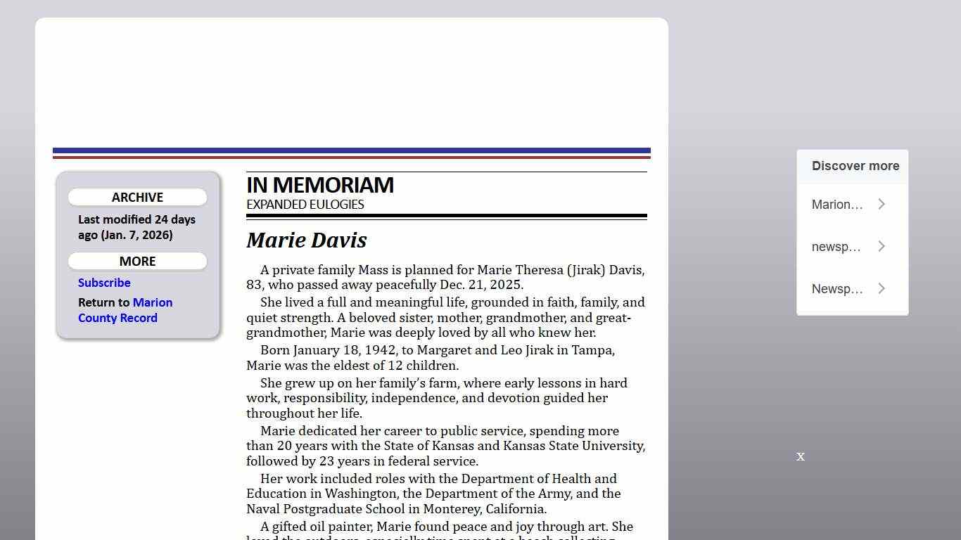 IN MEMORIAM: Marie Davis Marion County Record Jan. 7, 2026 ()