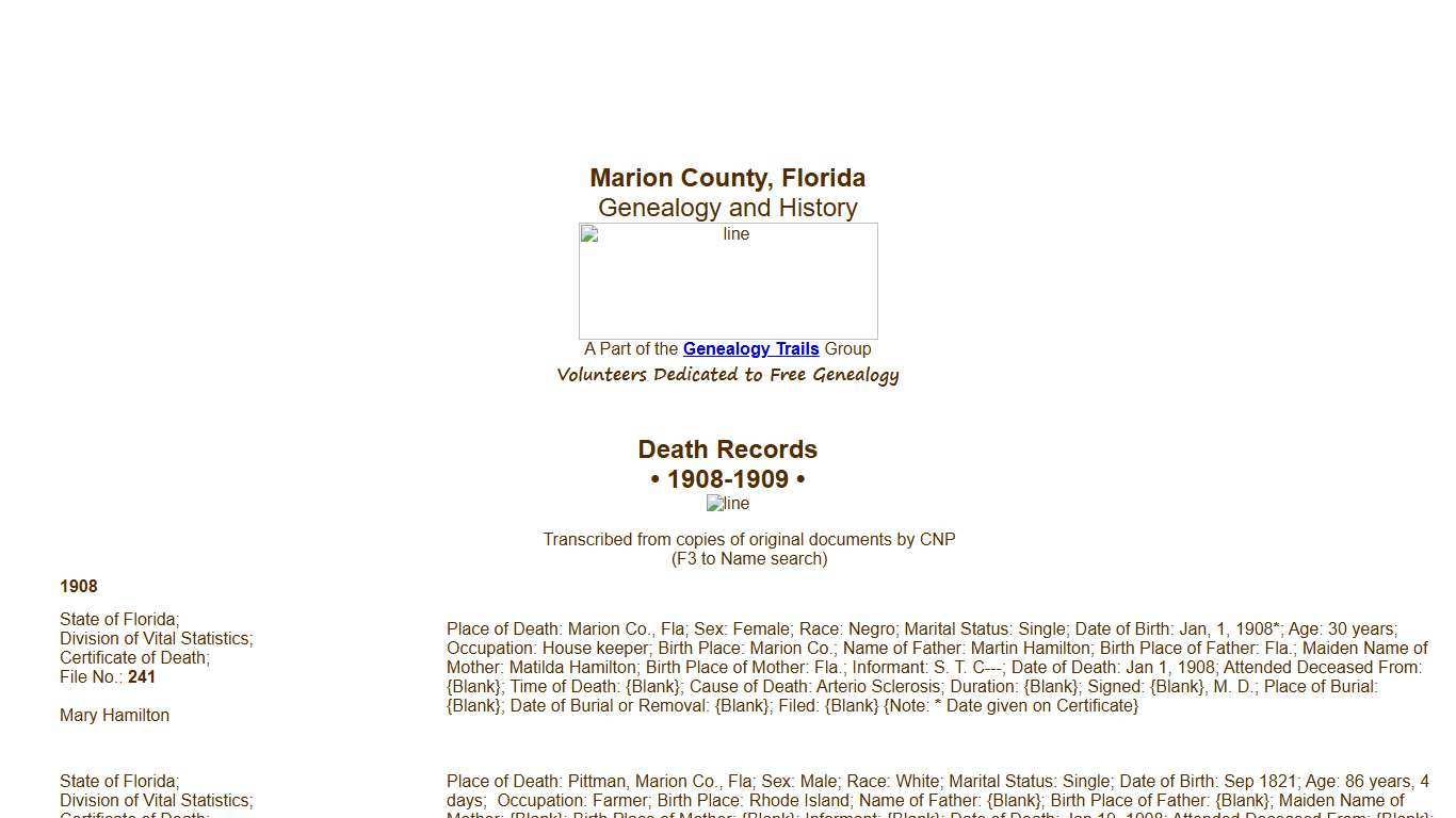 Death Records for Marion County Florida